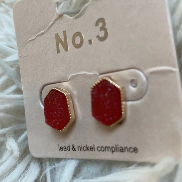 🎉HP🎉 No. 3 Stud Sparkle Druzy Earrings 💗 Red & Gold - Picture 6 of 9